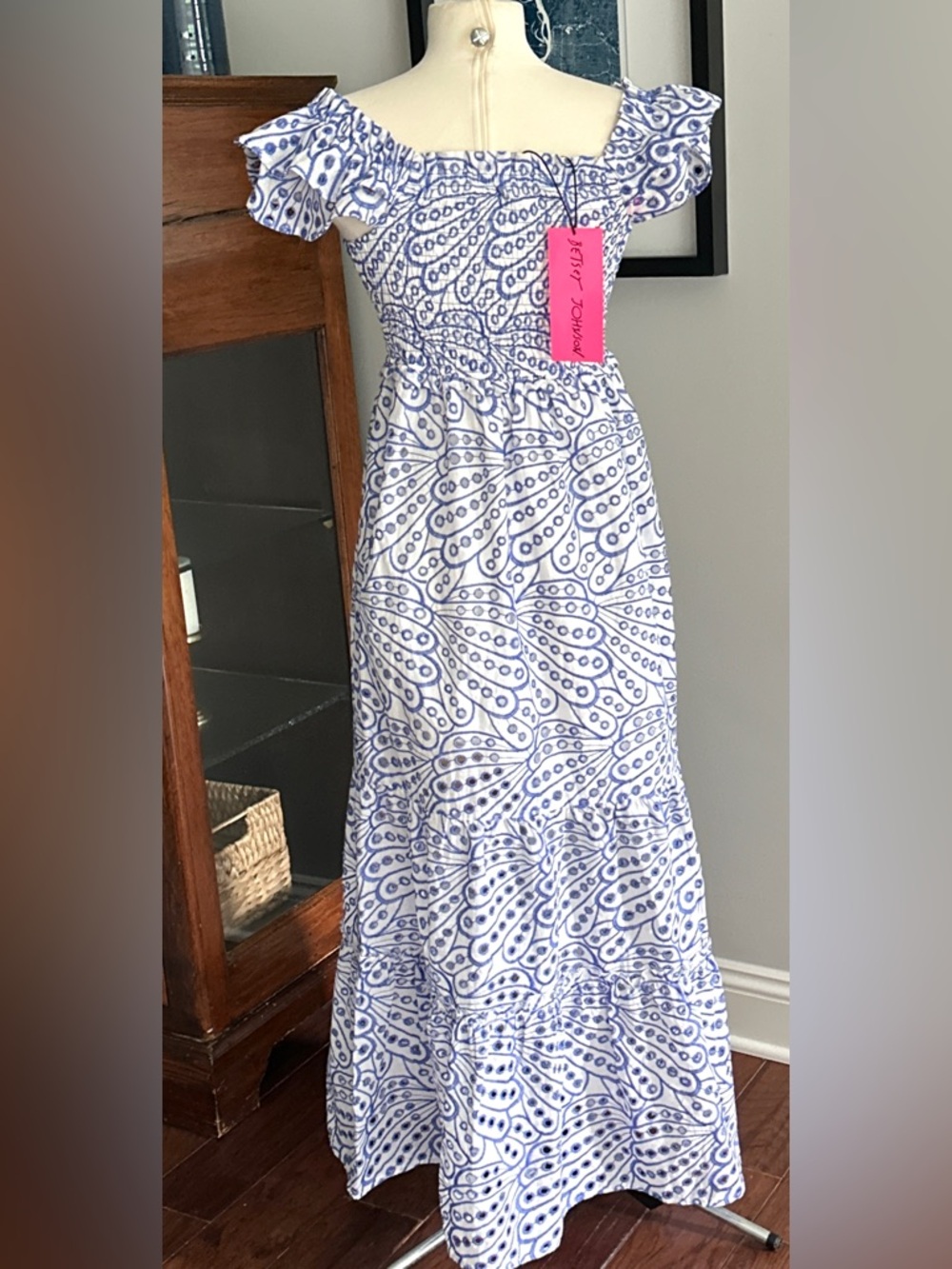 Betsey Johnson White Maxi Dress with Blue Paisley Print